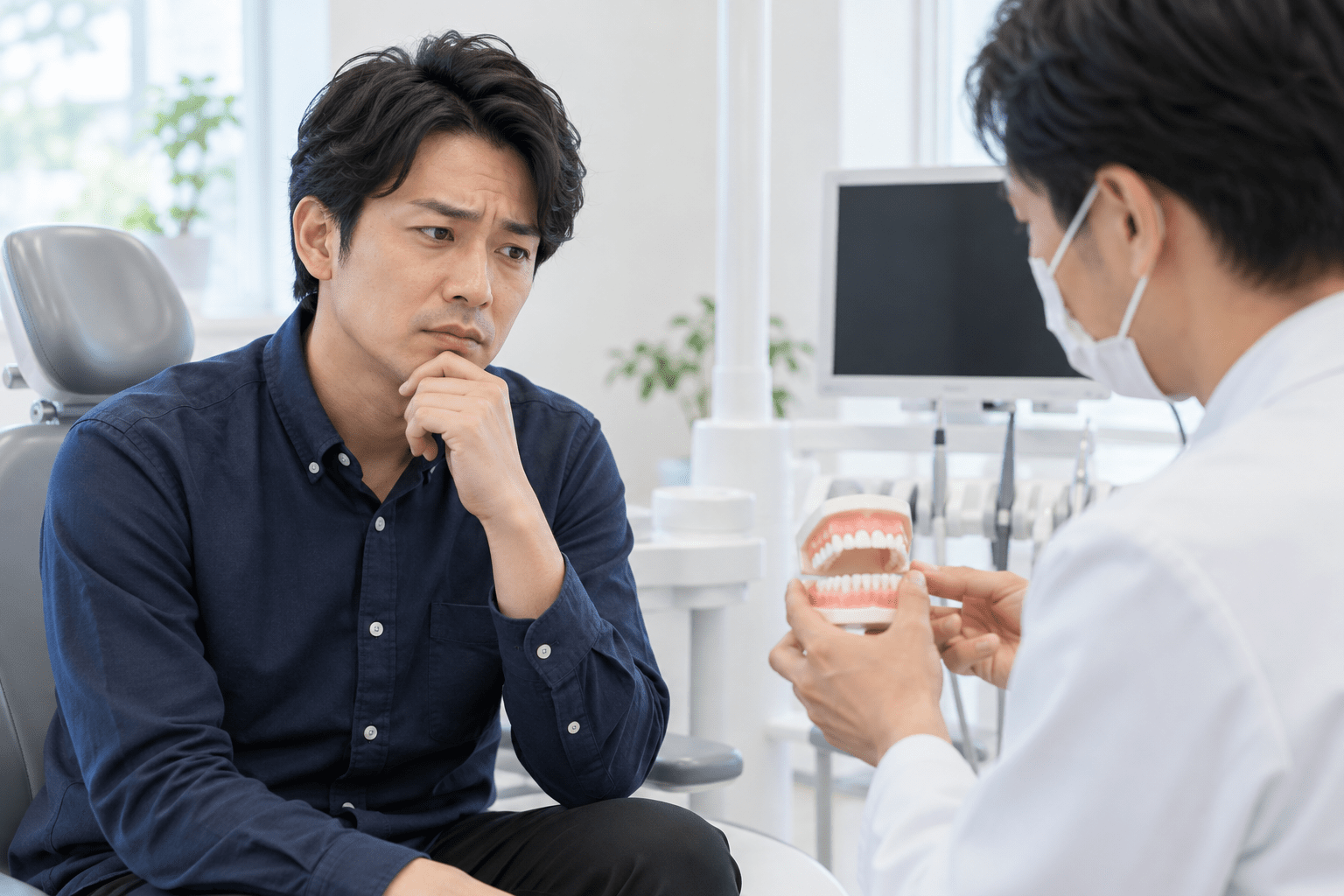 口腔内写真や検査データを見ながら歯の状態を説明するイメージ